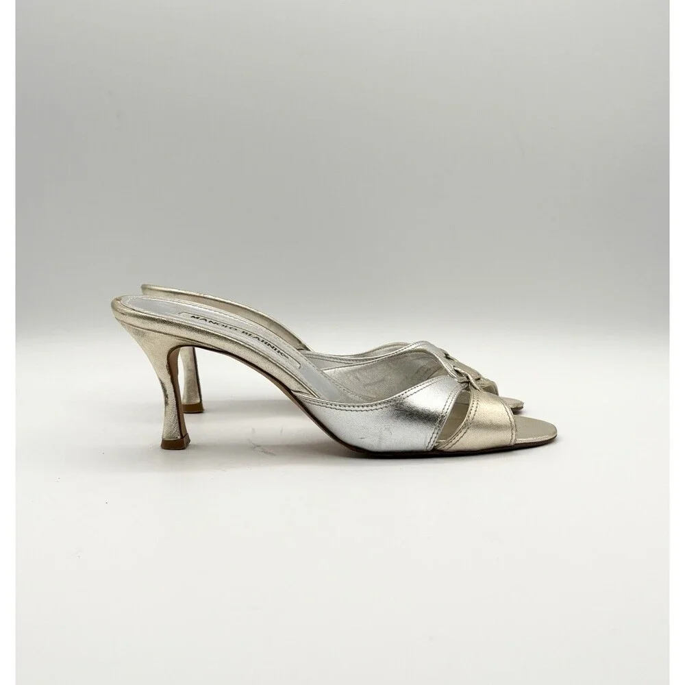 Manolo Blahnik Silver & Gold Metallic Kitten Heel Mules Vintage Size EU 35.5